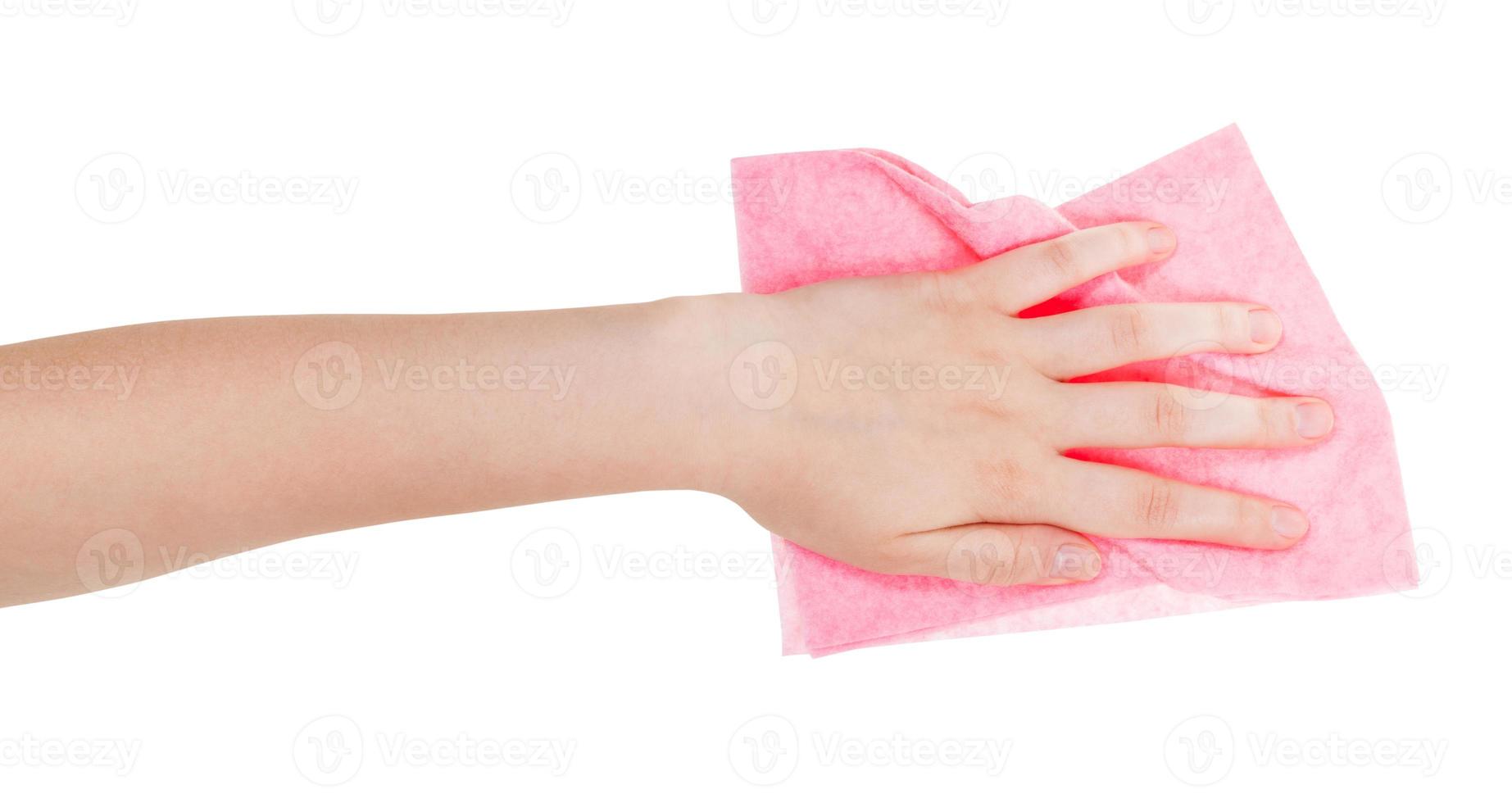 hand with pink wiping rag isolated on white photo