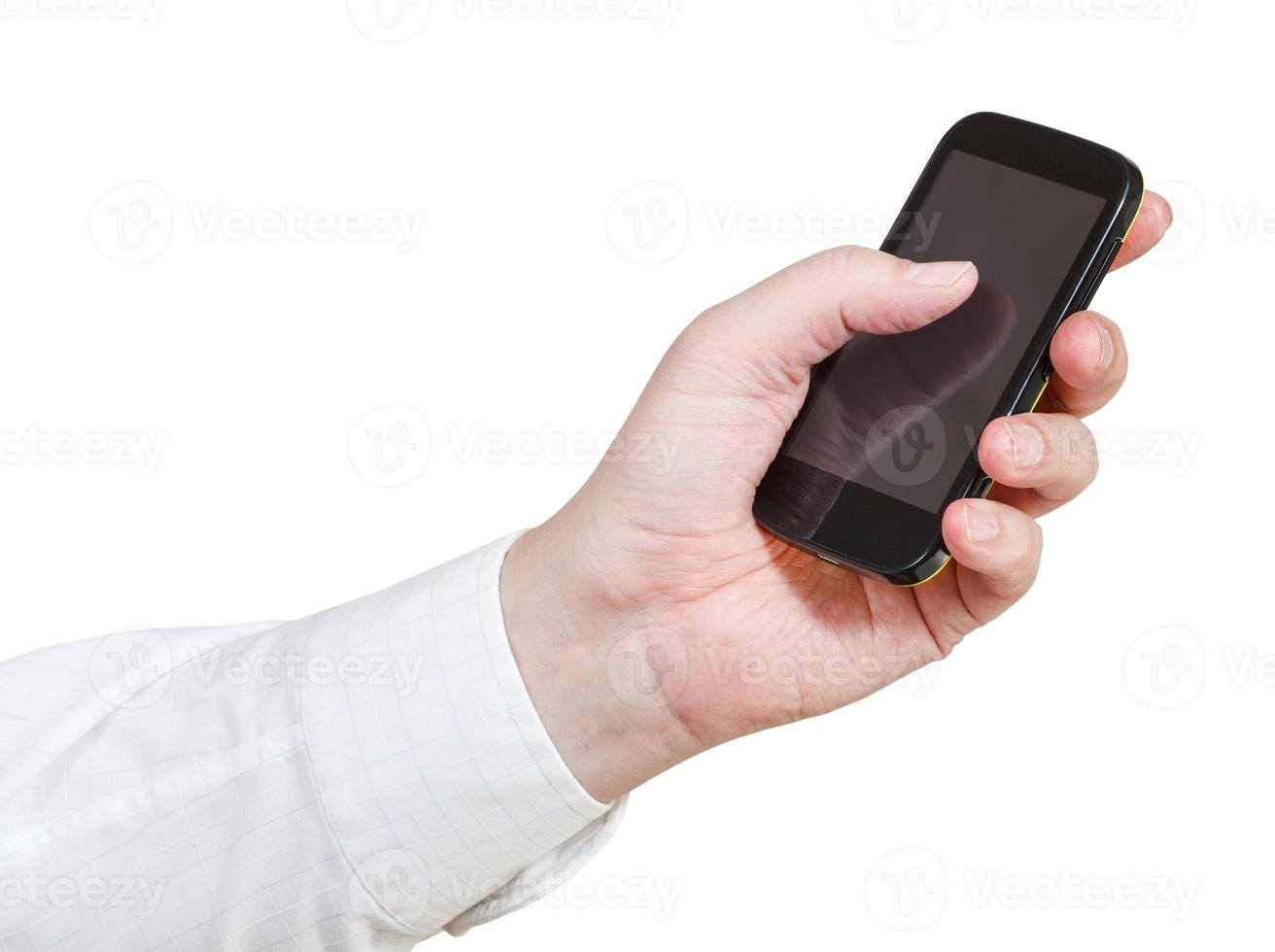 businessman clicking touchscreen phone photo