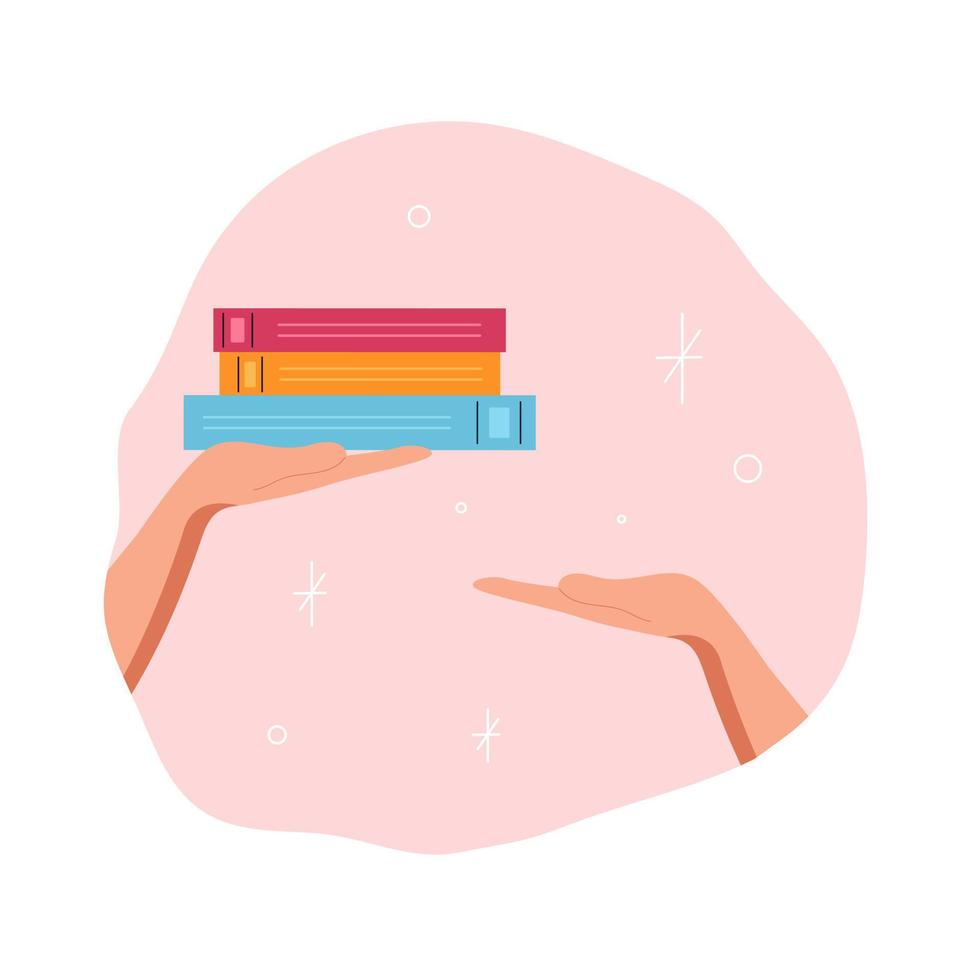 Exchange books or bookcrossing. Hands giving books. Concept of books lovers, education, reading, development, library, donation. Vector flat illustration.