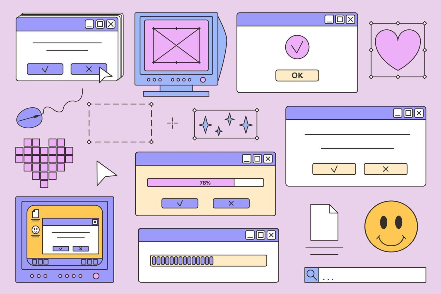 Set of operating system, old computer window, dialog window, old computer user interface elements. Concept of 2000s, 1990s, 00s, Y2k aesthetic weird 2000 style. Nostalgic retro operating system. vector