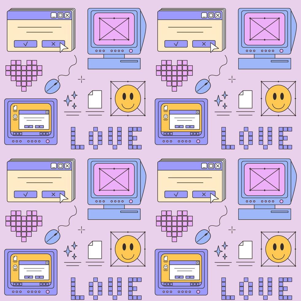 Seamless pattern of old computer window, glasses, computer mouse. Concept of 2000s, 1990s, 00s, Y2k aesthetic weird 2000 style. Groovy prints for tee, streetwear, print templates, textile. vector