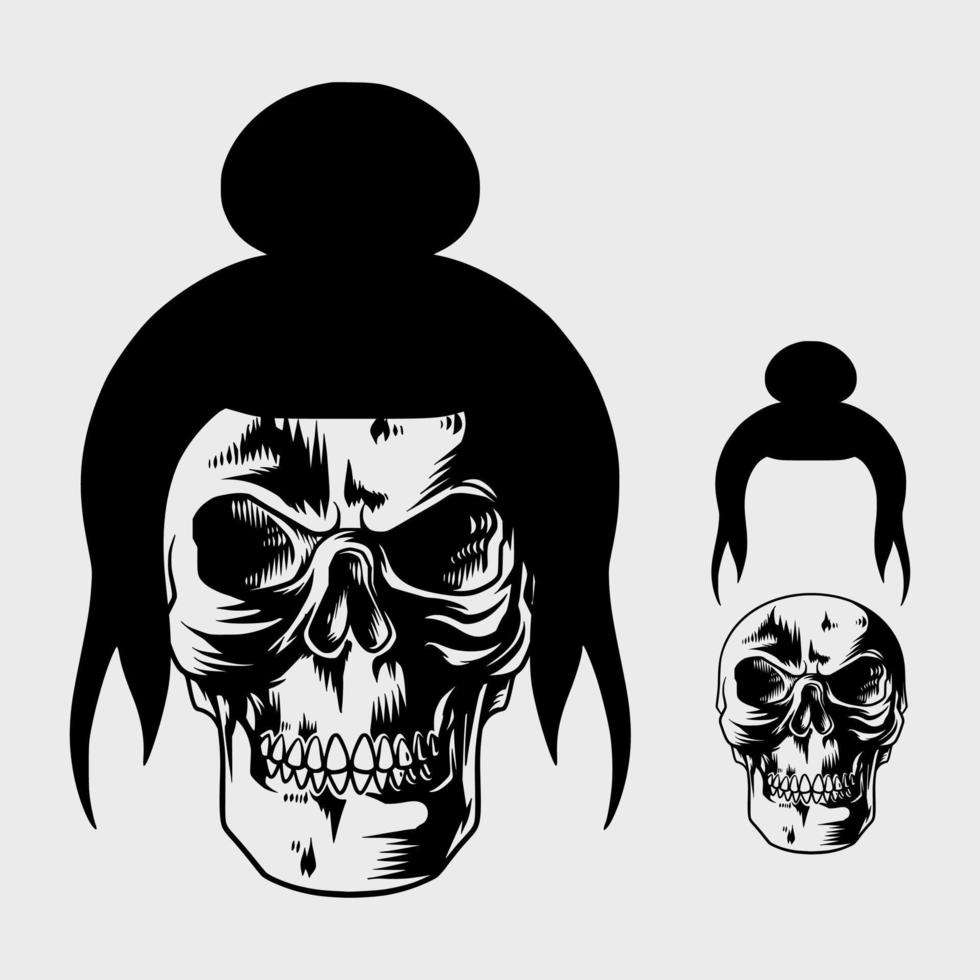 hand drawn skull in ponytail vector