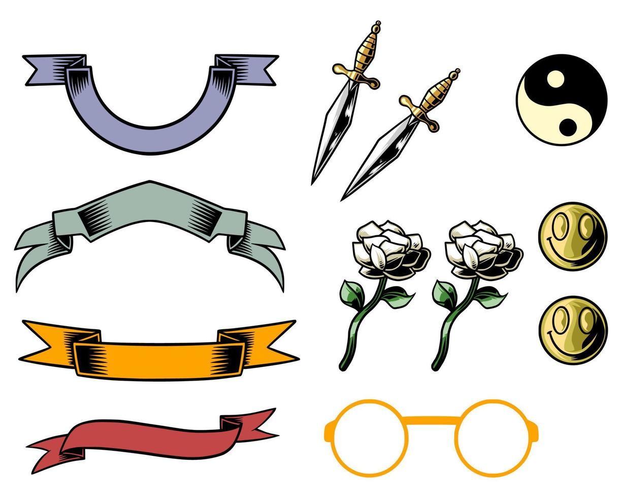 complete illustration package of ribbon symbol object vector