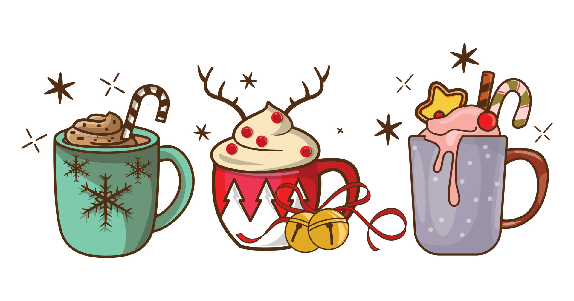 Christmas hot beverages of coffee, chocolate, and eggnog drinks in mugs