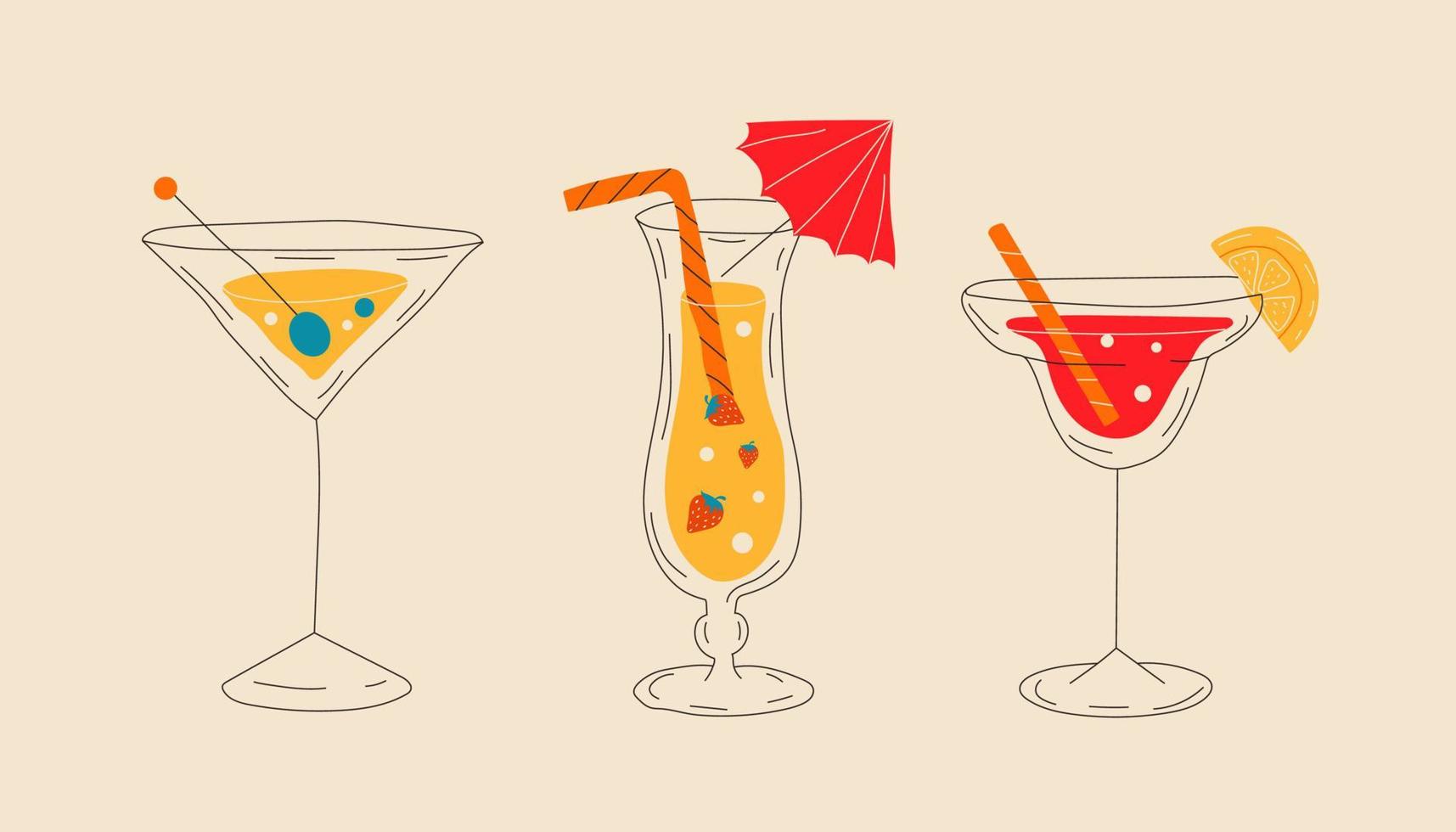 Cocktails collection, alcoholic and non-alcoholic summer drinks with ice cubes of lemon, lime, and strawberries. All elements are isolated vector