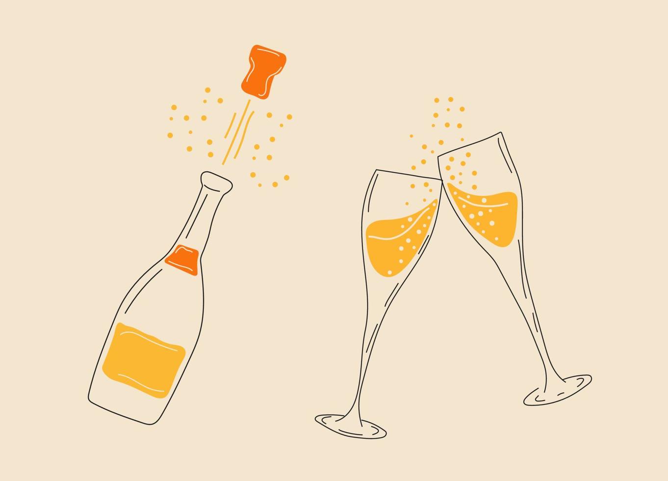 dos copas de champán con botella de champán. vector en estilo de dibujos animados. todos los elementos están aislados
