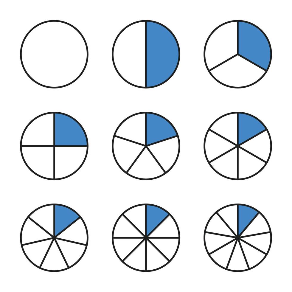 icono de gráfico de líneas de círculo fraccionario. relación y algunos iconos vectoriales lineales. pastel o pizza de forma redonda cortada en rodajas azules. ilustración lineal de un gráfico de negocios simple o para la educación. aprender fracciones. vector