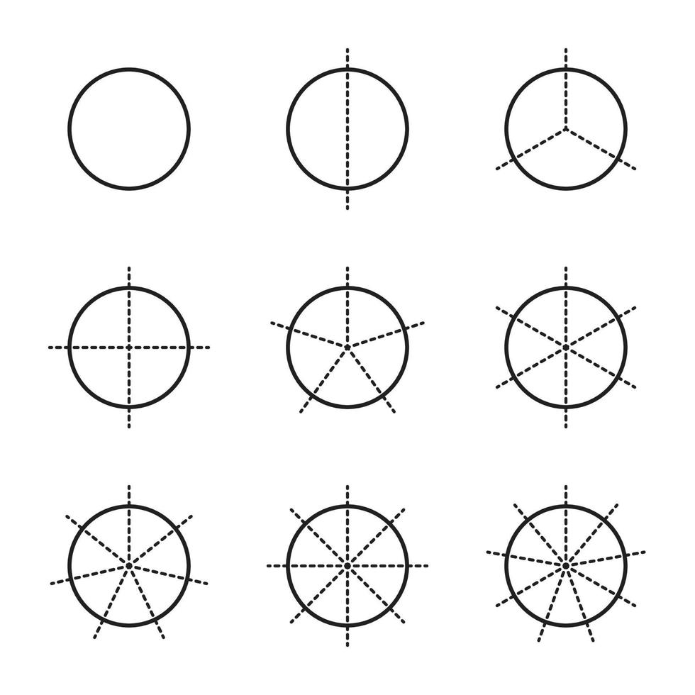 Fractional circle line chart icon. Ratio and some linear vector icons. The round shape of a pie or pizza is cut in equal dotted line slices. Linear illustration of a simple business chart.