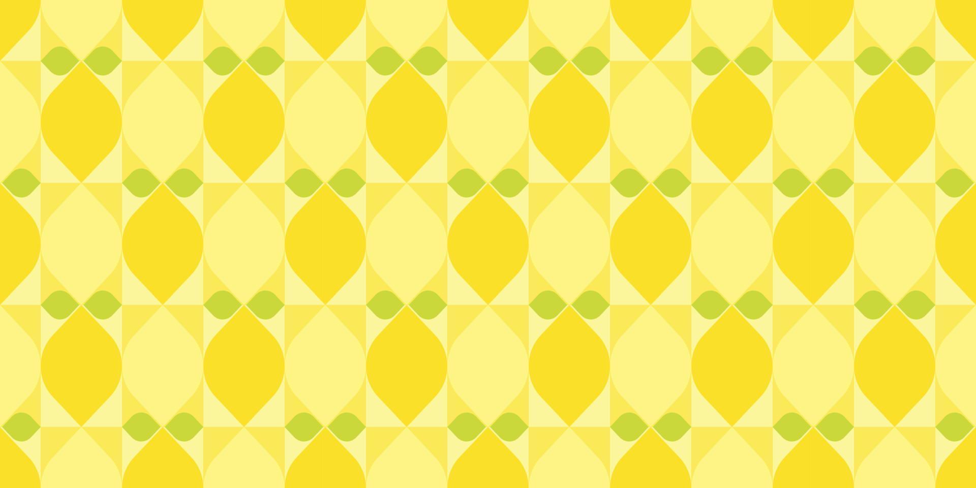 Rectangular yellow lemon themed background. Geometric seamless fruit pattern motif. Simple flat vector illustration, citrus and leaves. For backdrops, covers, prints, fabrics, and wallpapers.