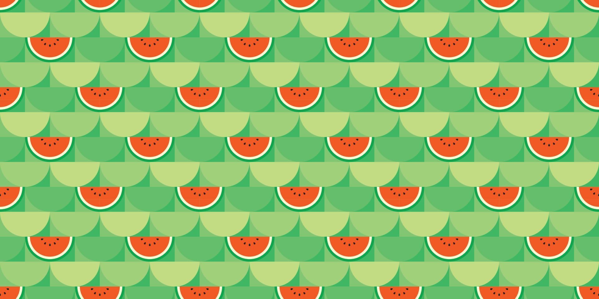 Red watermelon themed background. Geometric seamless semicircle fruit pattern motif. Simple flat vector illustration. Watermelon cut in half. For backdrops, covers, prints, fabrics, and wallpapers.