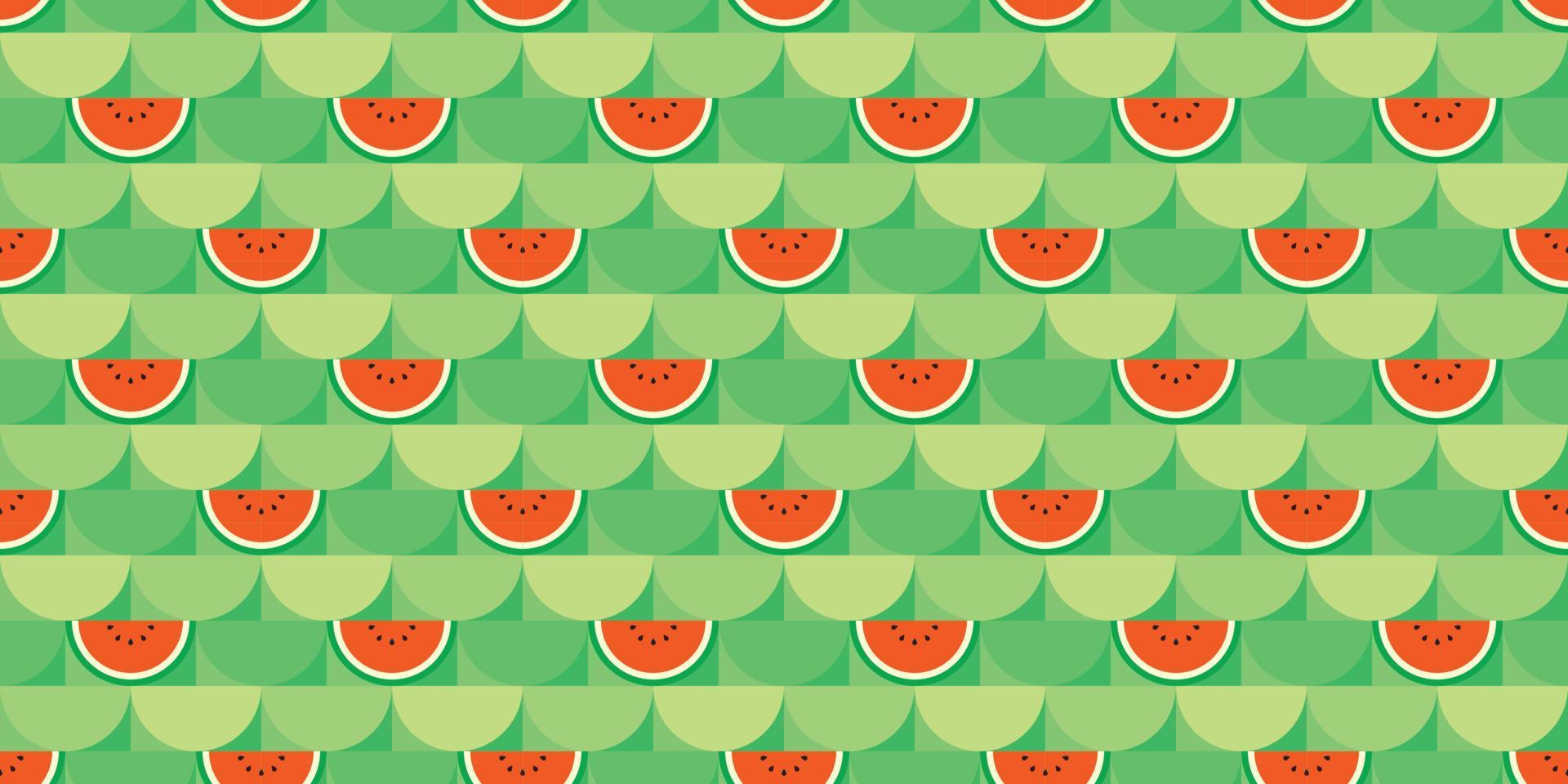 fondo temático de sandía roja. motivo de patrón de fruta de semicírculo geométrico sin costuras. ilustración de vector plano simple. sandía cortada por la mitad. para telones de fondo, cubiertas, estampados, telas y papeles pintados.