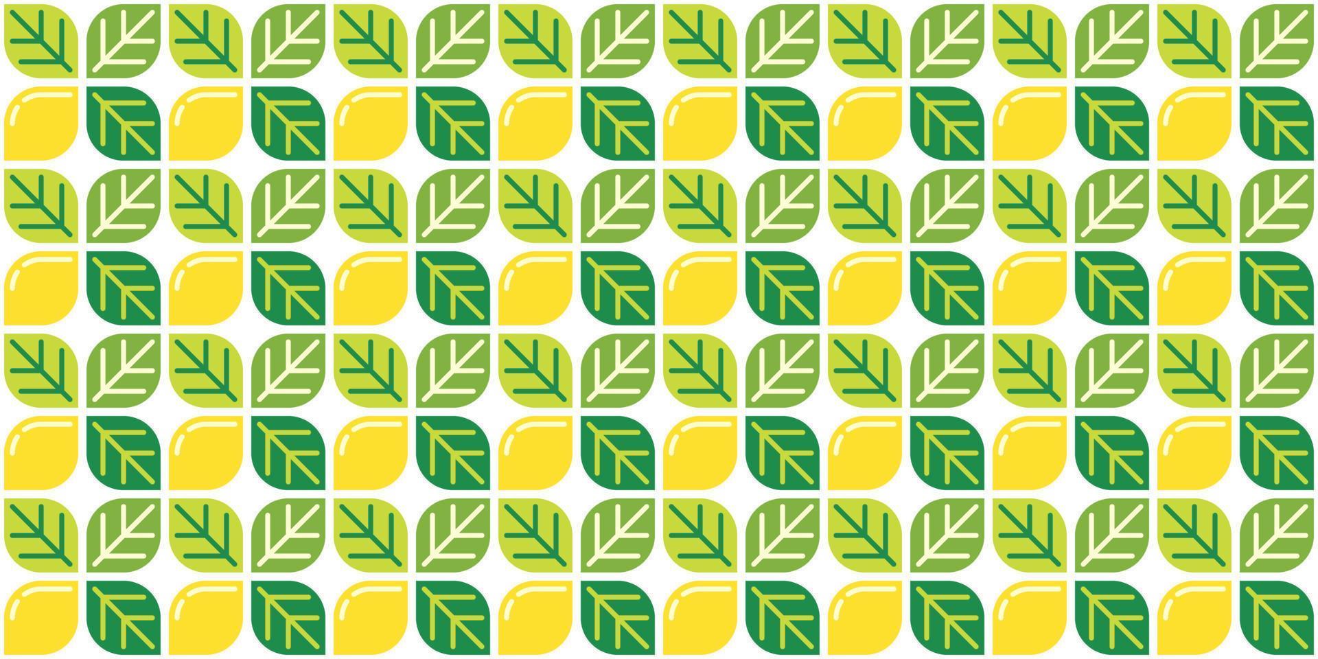 Yellow lemon themed background and leaves. Geometric seamless fruit pattern motif. Simple flat vector illustration. Lemonade, lime, citrus, and orange. For backdrops, covers, prints, and wallpapers.