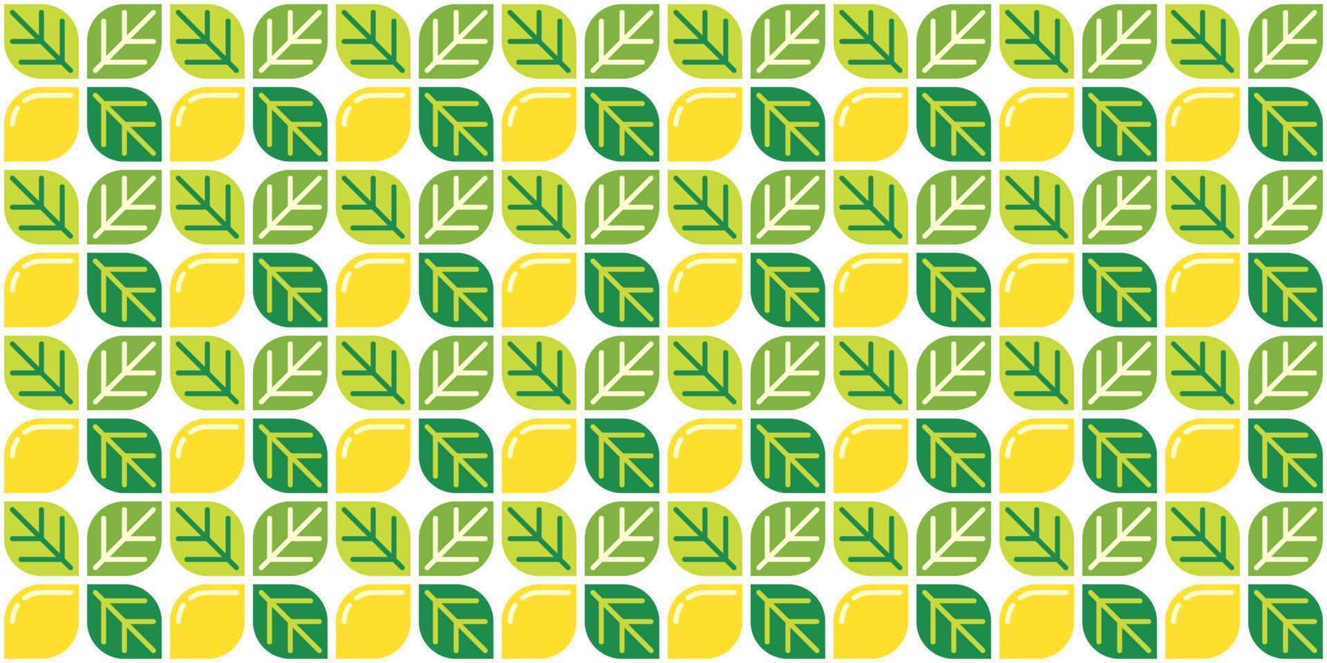 Yellow lemon themed background and leaves. Geometric seamless fruit pattern motif. Simple flat vector illustration. Lemonade, lime, citrus, and orange. For backdrops, covers, prints, and wallpapers.