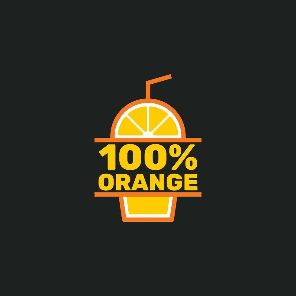 Vector logo template design 100 percent fresh orange juice. Simple illustration of a plastic drink cup with a straw. Business logo for lemon juice, squeezed citrus, smoothies or lemonade.