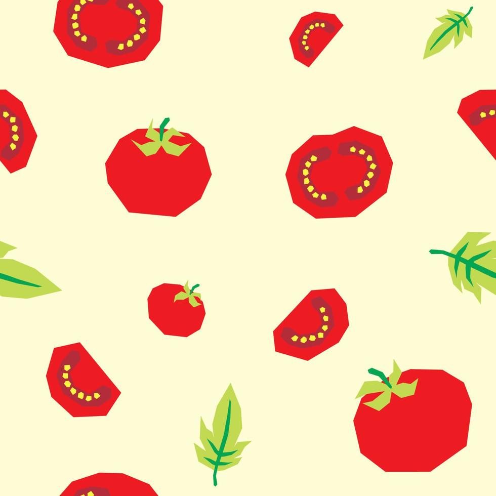 Fresh random tomato seamless pattern. Abstract geometric object artwork of red tomatoes and leaves. Fruit and vegetable theme motif. Whole and cut. For print, background, fabric, paper, and walls. vector