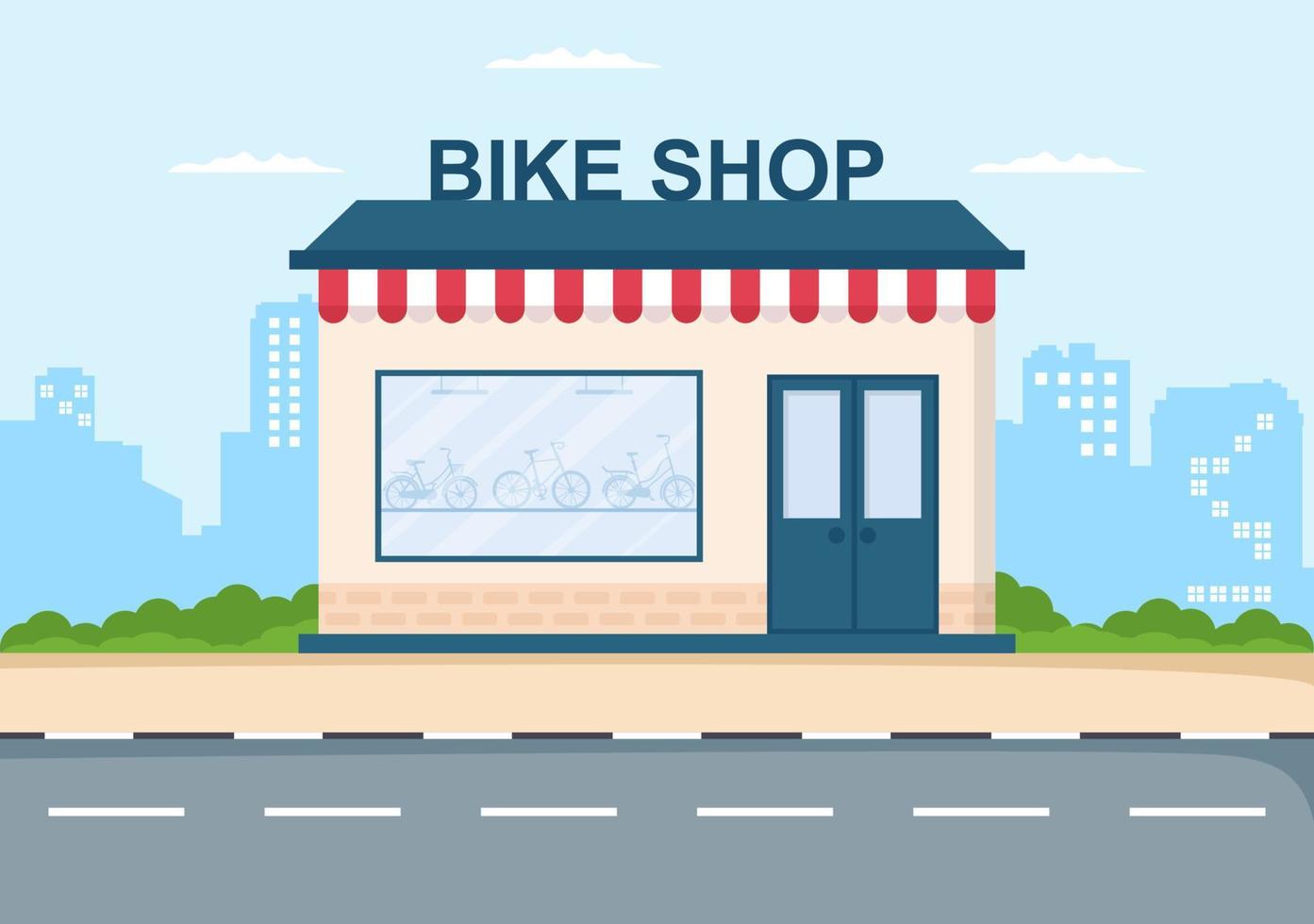 tienda de bicicletas con compradores que eligen ciclos, accesorios o equipos de engranajes para montar en una plantilla dibujada a mano ilustración plana de dibujos animados vector