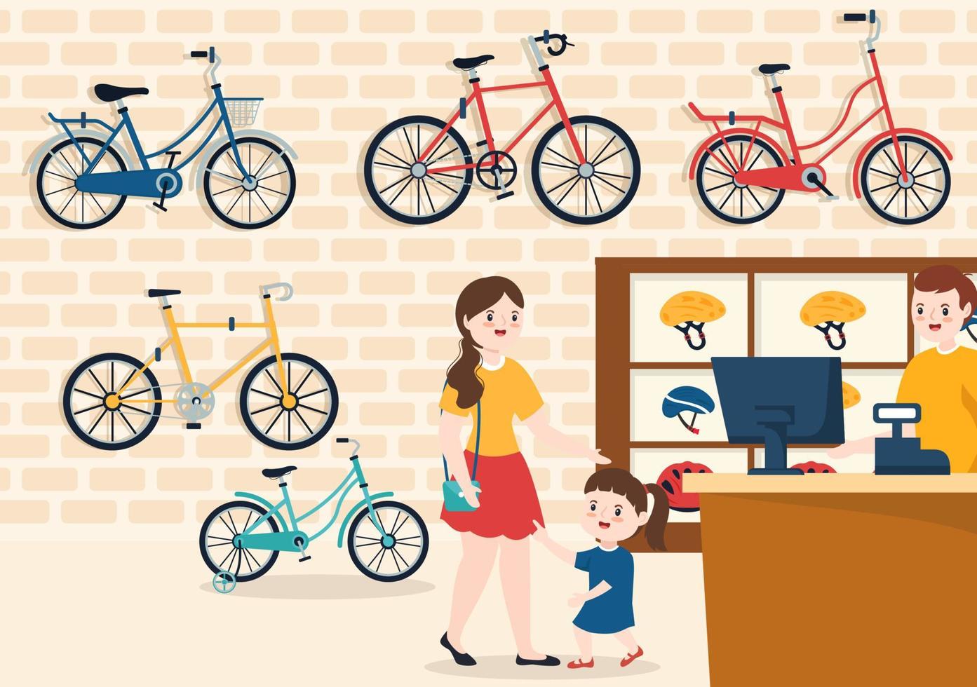 tienda de bicicletas con compradores que eligen ciclos, accesorios o equipos de engranajes para montar en una plantilla dibujada a mano ilustración plana de dibujos animados vector