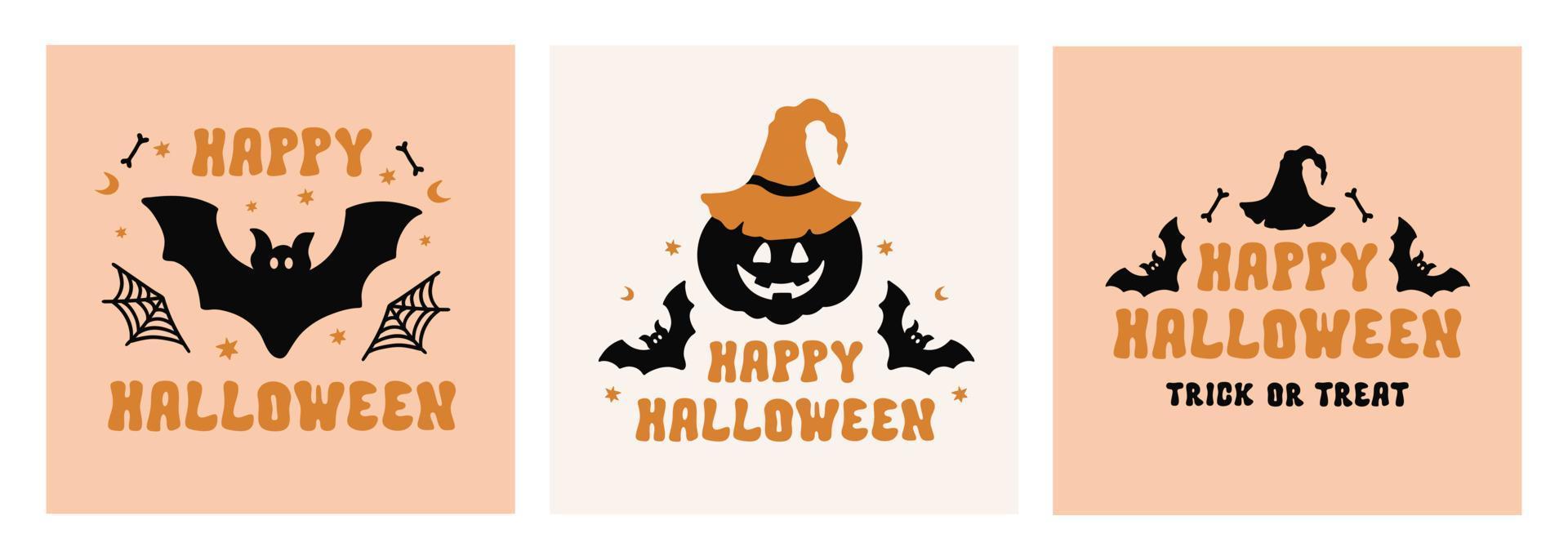 Halloween set cards with cute hand drawn silhouette elements on a pastel background. Vector flat illustration