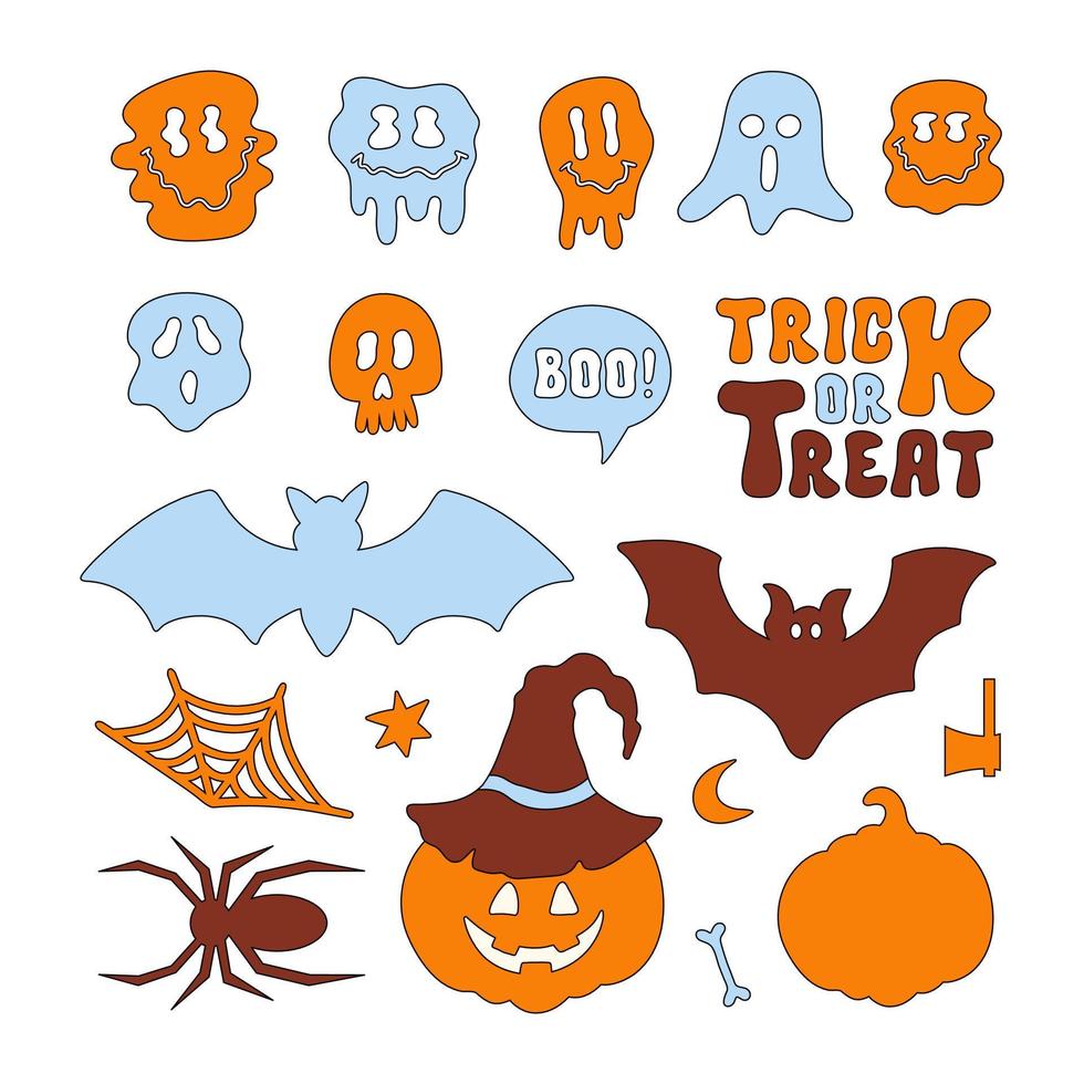 Retro halloween set cute icons isolated on a white background. Vector illustration.