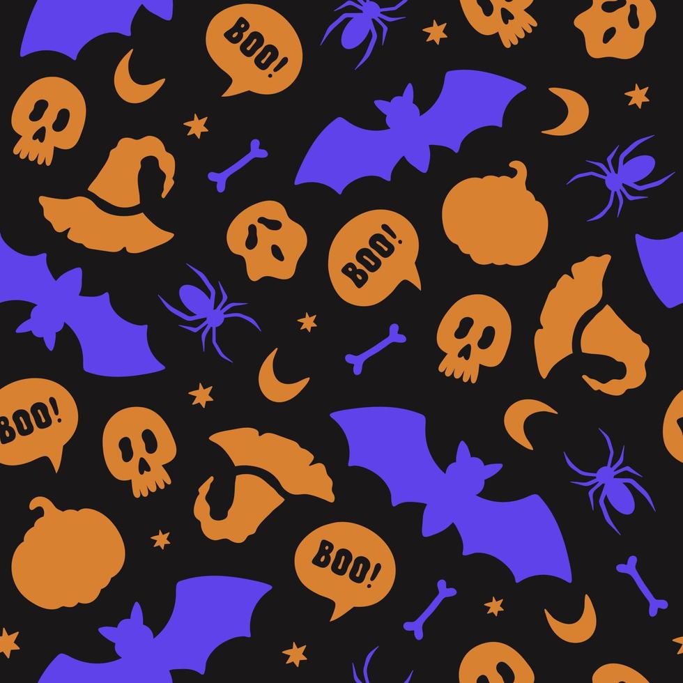 Seamless pattern with halloween silhouette elements in mustard and blue colors on a black background. Flat design. Vector illustration