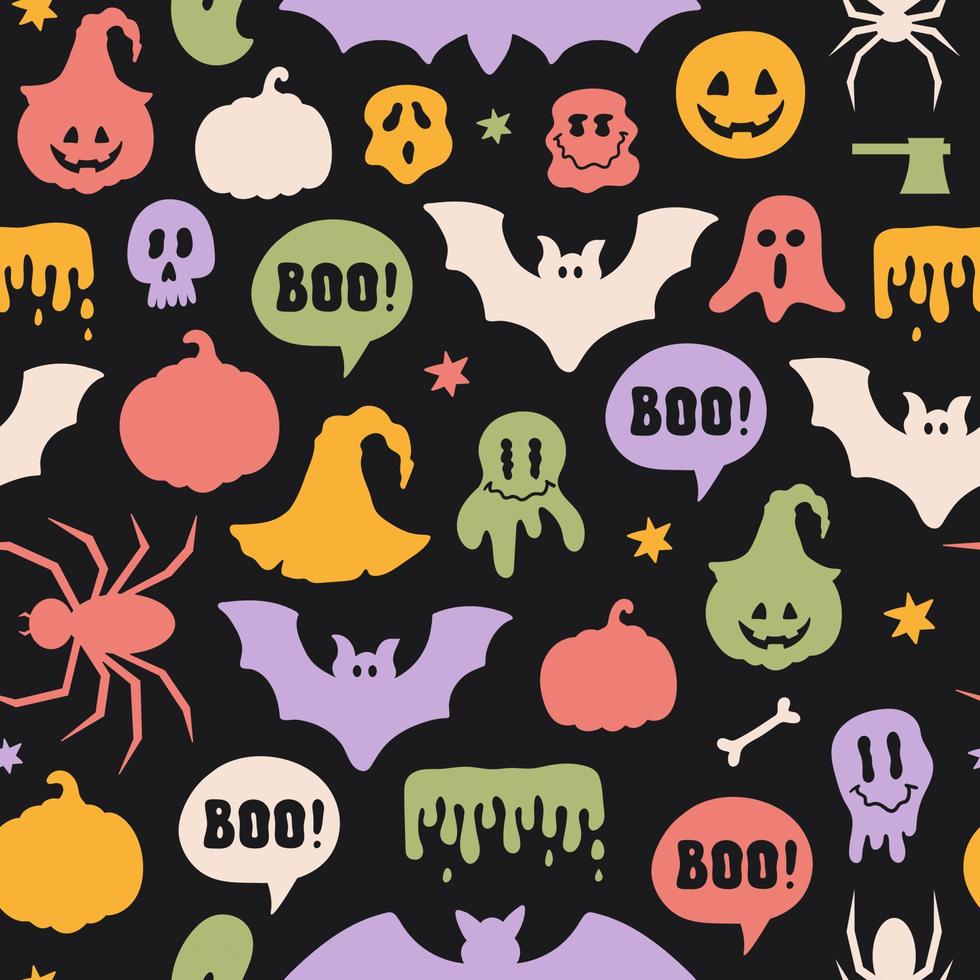 Colorful seamless pattern with halloween silhouette elements on a black background. Vector illustration