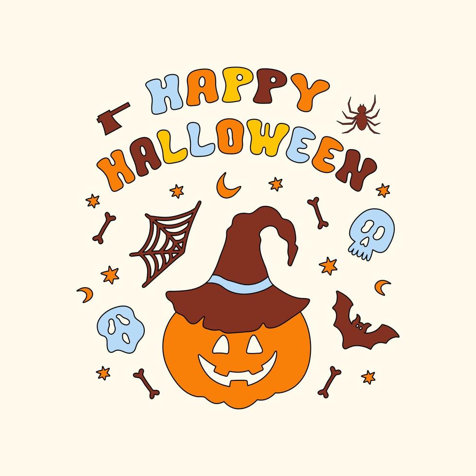 Happy halloween vector illustration isolated on a light background. Retro groovy graphic print with colorful elements and text in style 70s, 80s