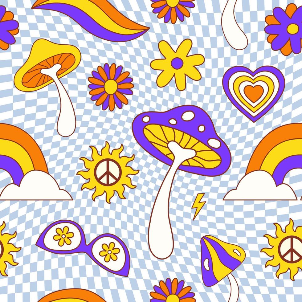 Patrón retro maravilloso sin costuras con lindas flores y champiñones sobre un fondo a cuadros. ilustración vectorial en estilo hippie años 70, 80 vector