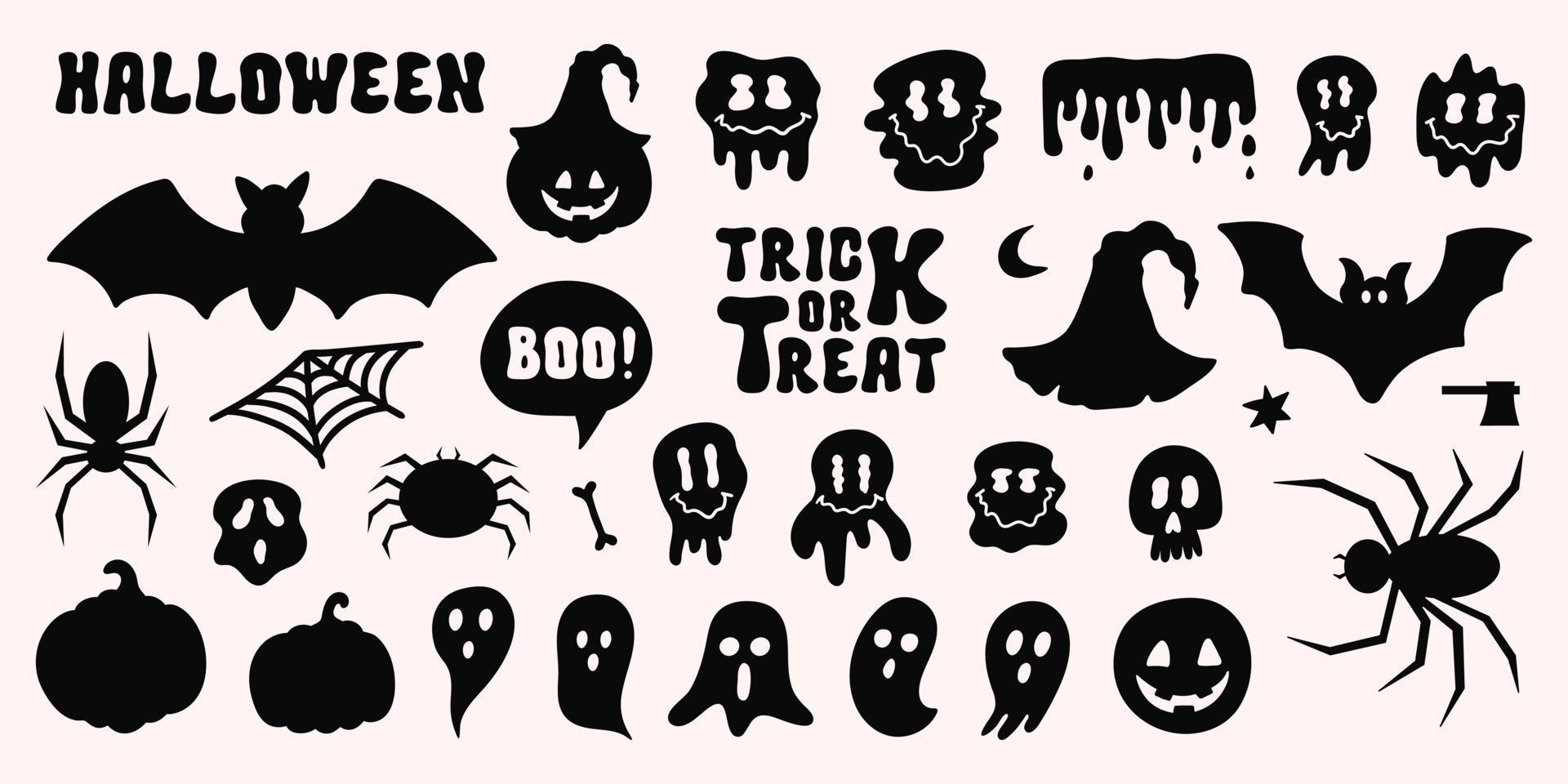 Halloween set black silhouette elements isolated on a white background. Funny cartoon icons and symbol. Vector illustration