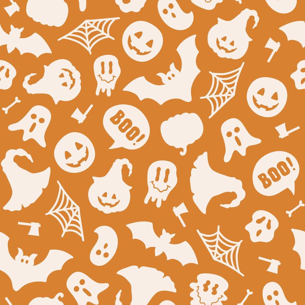 Monochrome seamless pattern with halloween silhouette elements on a orange background. Vector illustration