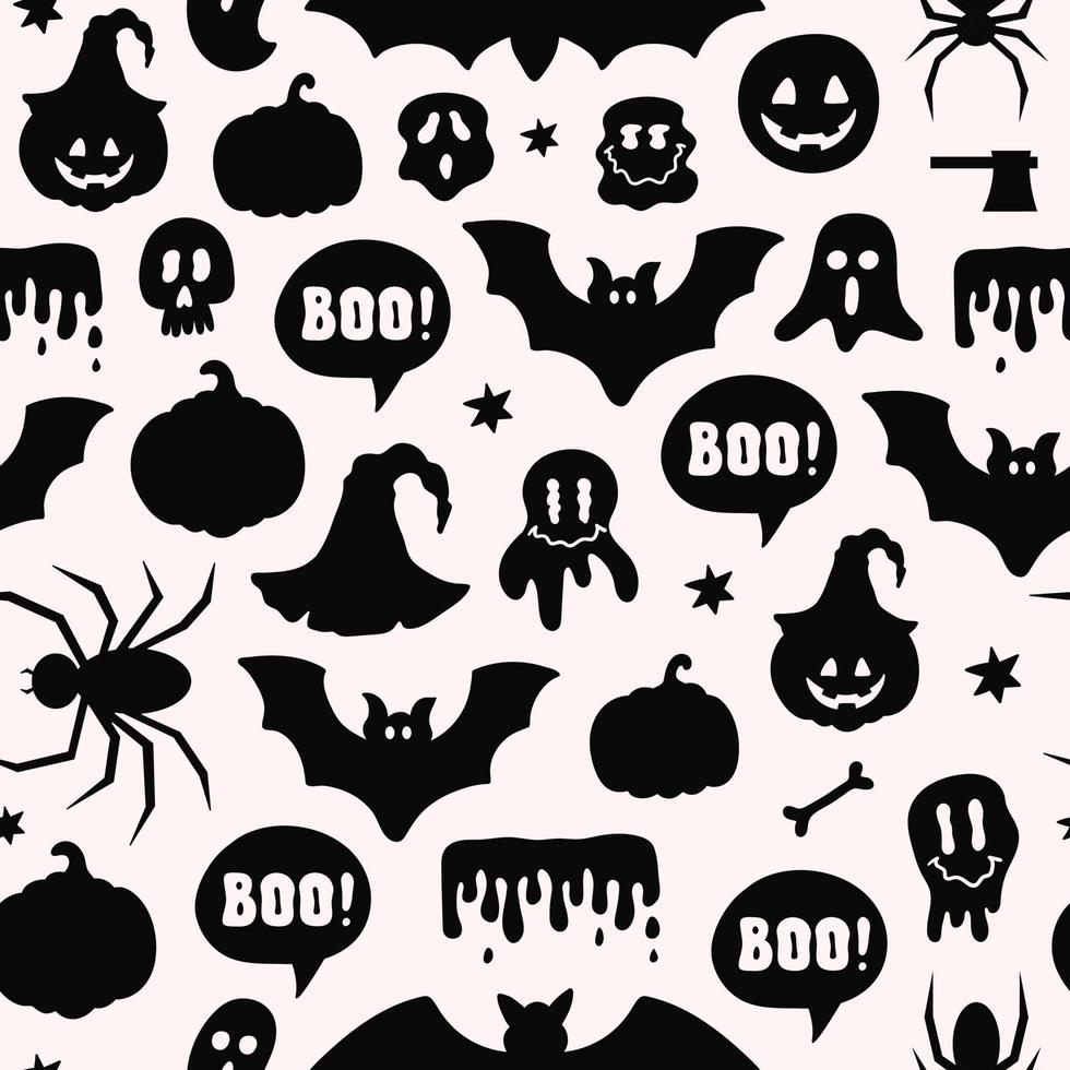 Seamless pattern with black halloween symbols, ghost, bat, spider, pumpkin in cartoon flat style. Vector illustration