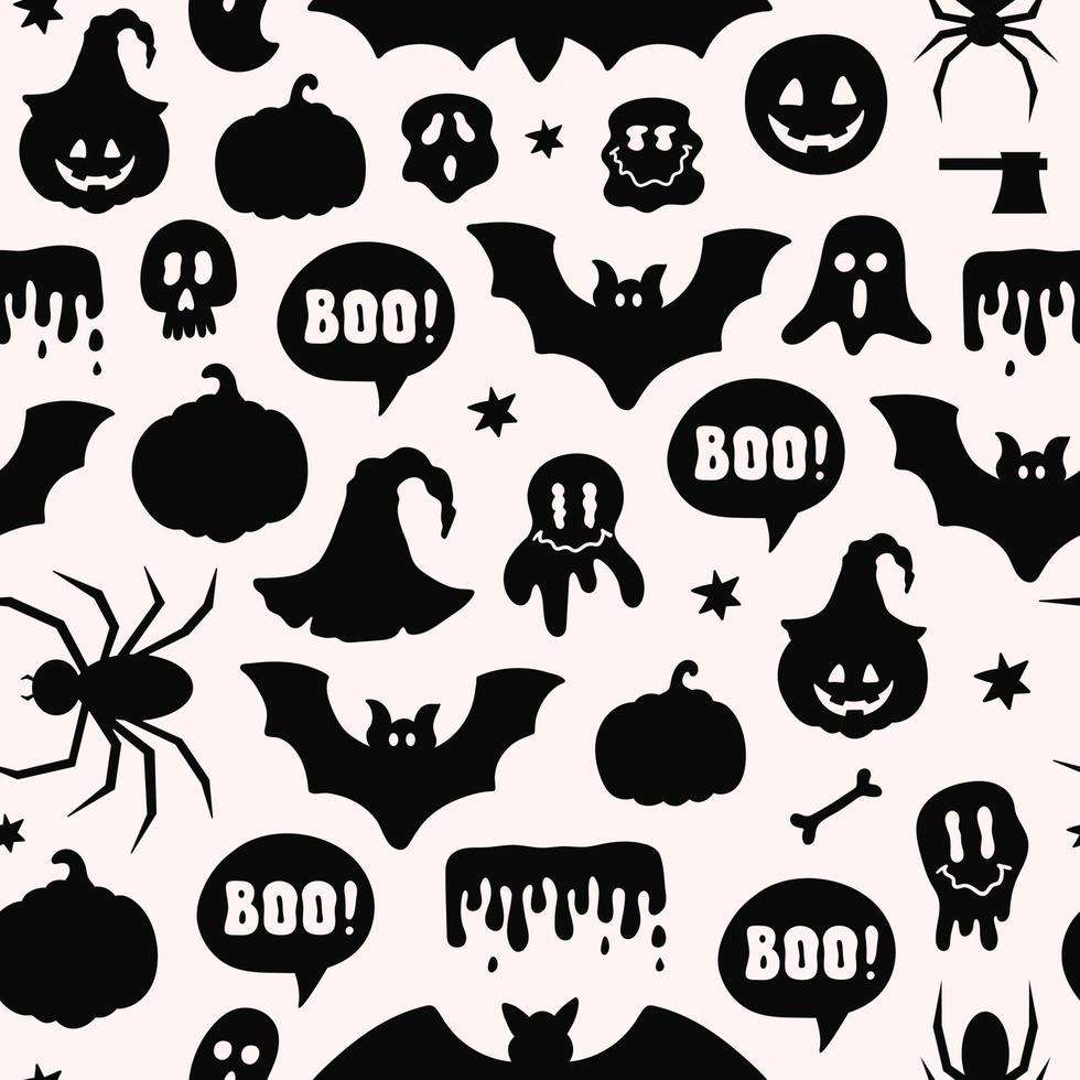 patrón impecable con símbolos negros de halloween, fantasma, murciélago, araña, calabaza en estilo plano de dibujos animados. ilustración vectorial vector