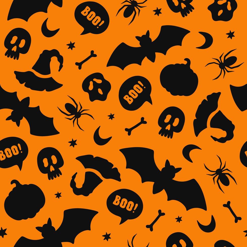 Halloween seamless pattern with bat, ghost, spider, pumpkin. Funny black flat silhouette elements on a orange background. Colorful vector illustration