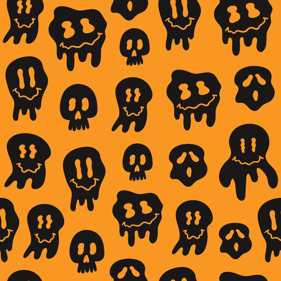 Hippie groovy melting smile black faces on a orange background. Funny Halloween seamless pattern. Vector retro print