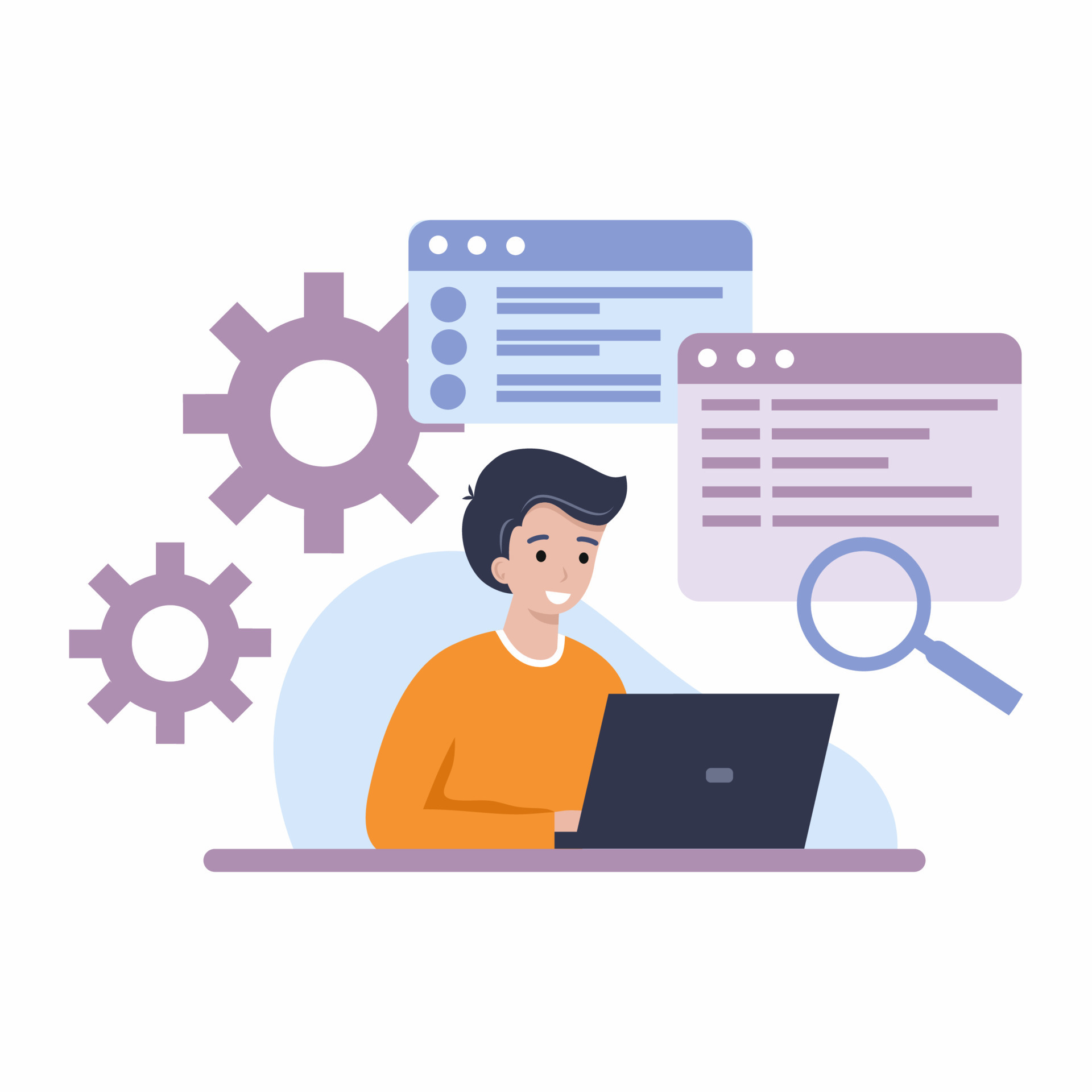 Man is working at computer. It specialist. CMS management. Dialog box