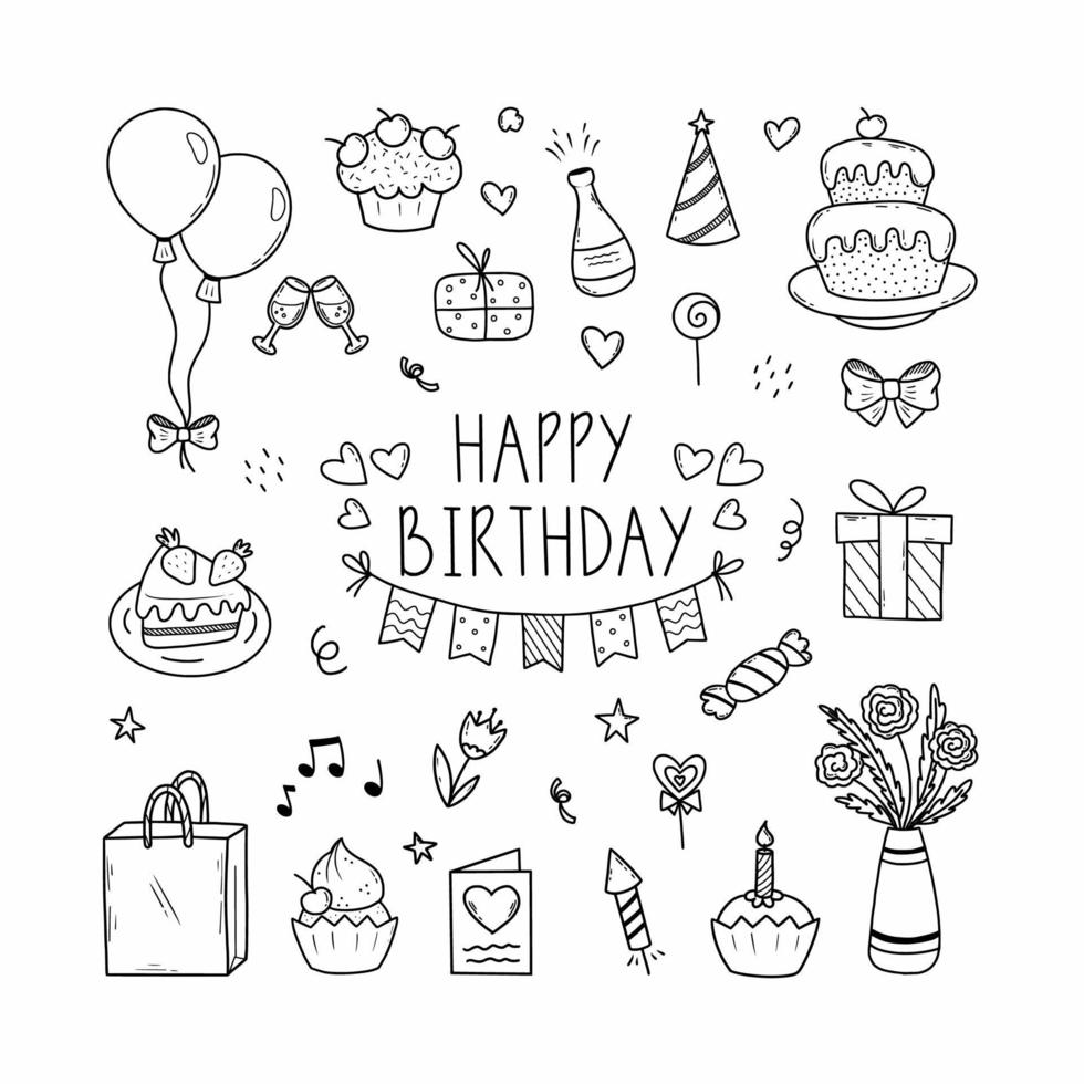 Happy birthday. Set of illustrations for decoration  postcard. Doodle icon. Festive collection with elements. vector