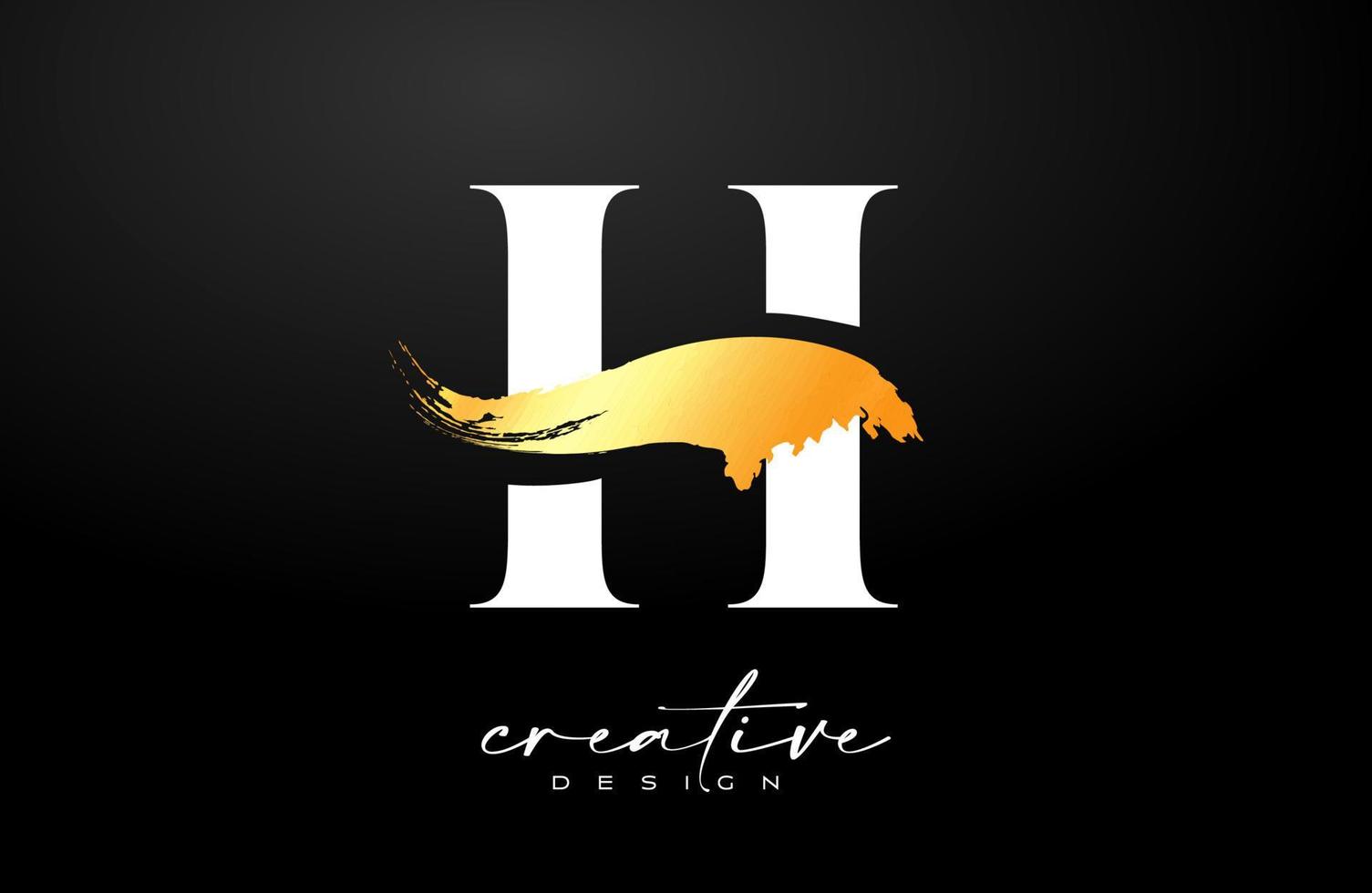 diseño de logotipo de letra h de trazo dorado con vector de trazo de pincel púrpura azul colorido artístico