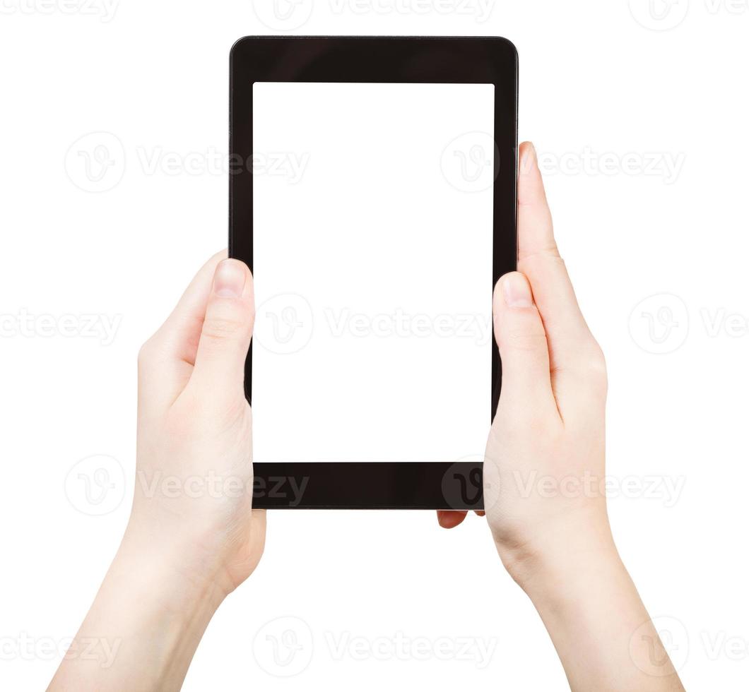 hands holding touchpad with cut out screen photo