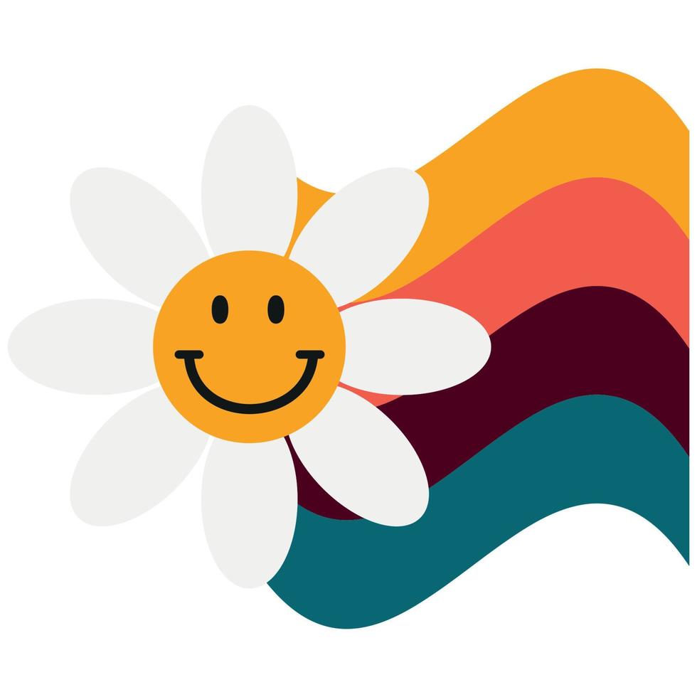 Funny flower with emoji and rainbow in groovy style vector