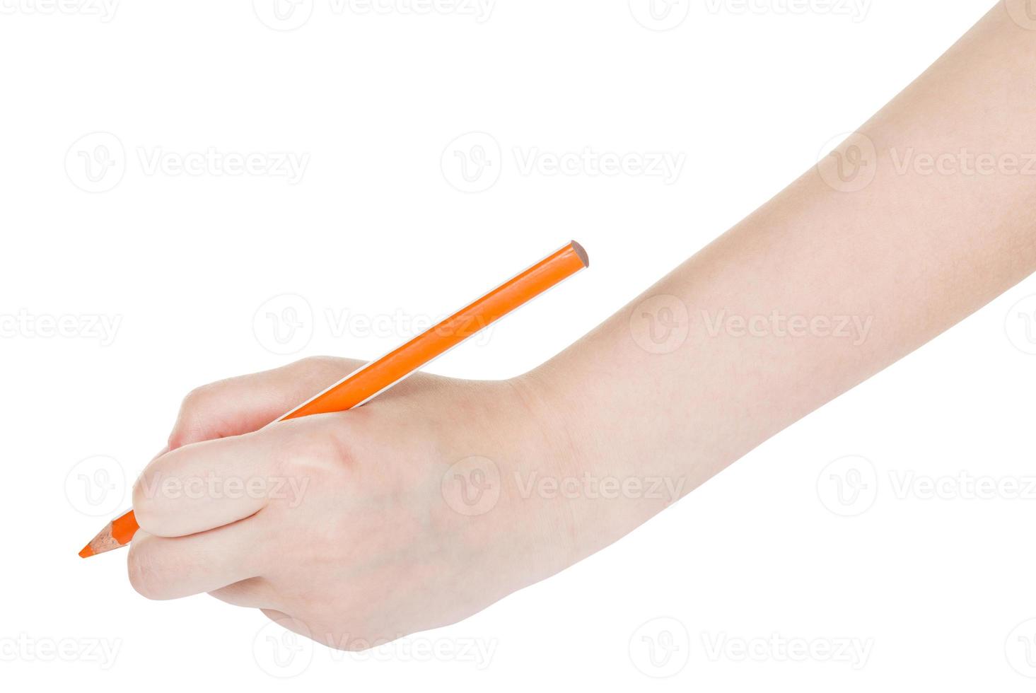 hand drafts by orange pencil isolated on white photo