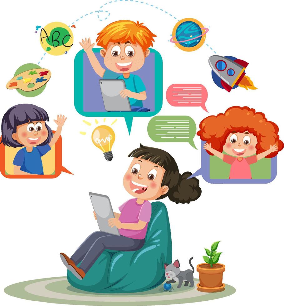 A girl chatting with her friends on tablet vector