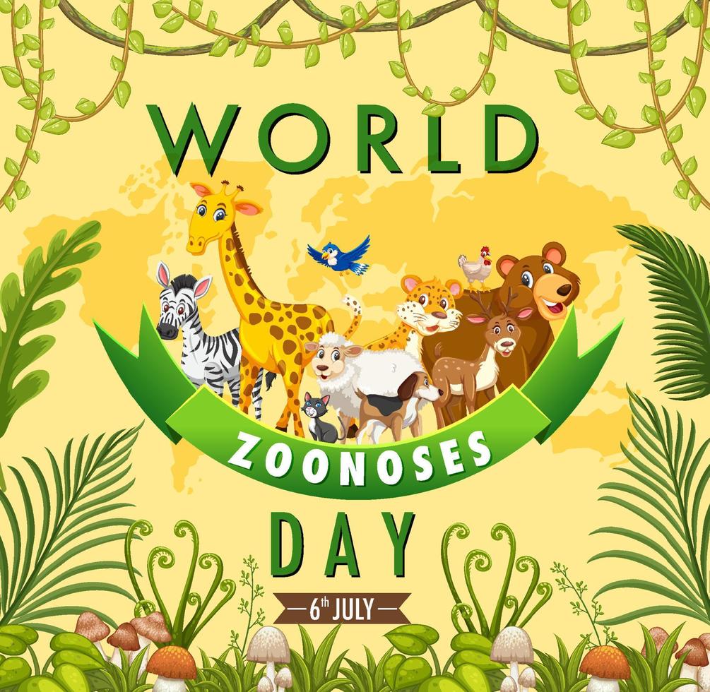 cartel de dibujos animados del día mundial de las zoonosis vector