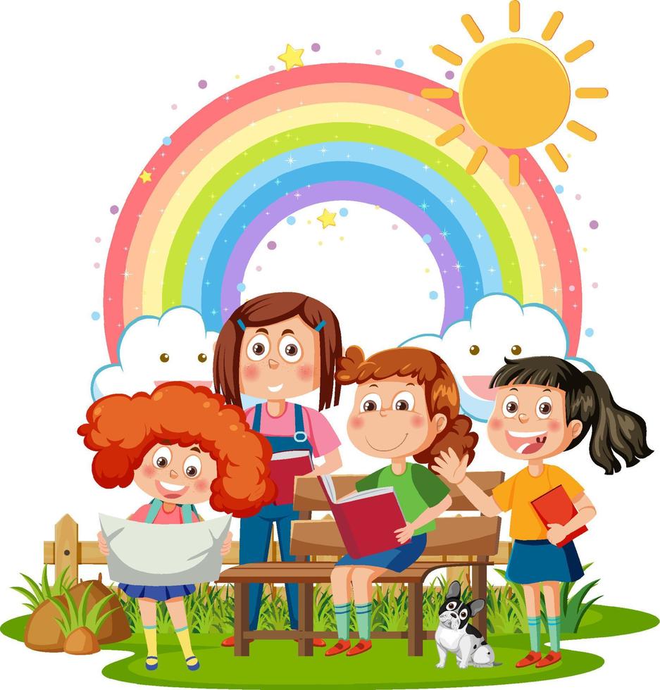 niños felices con arcoiris vector