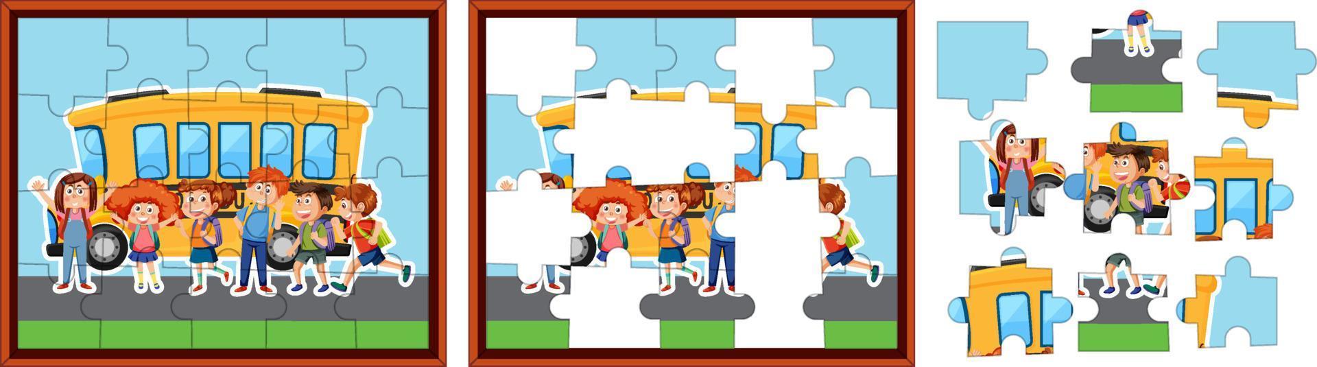 Student with school bus photo puzzle game template vector