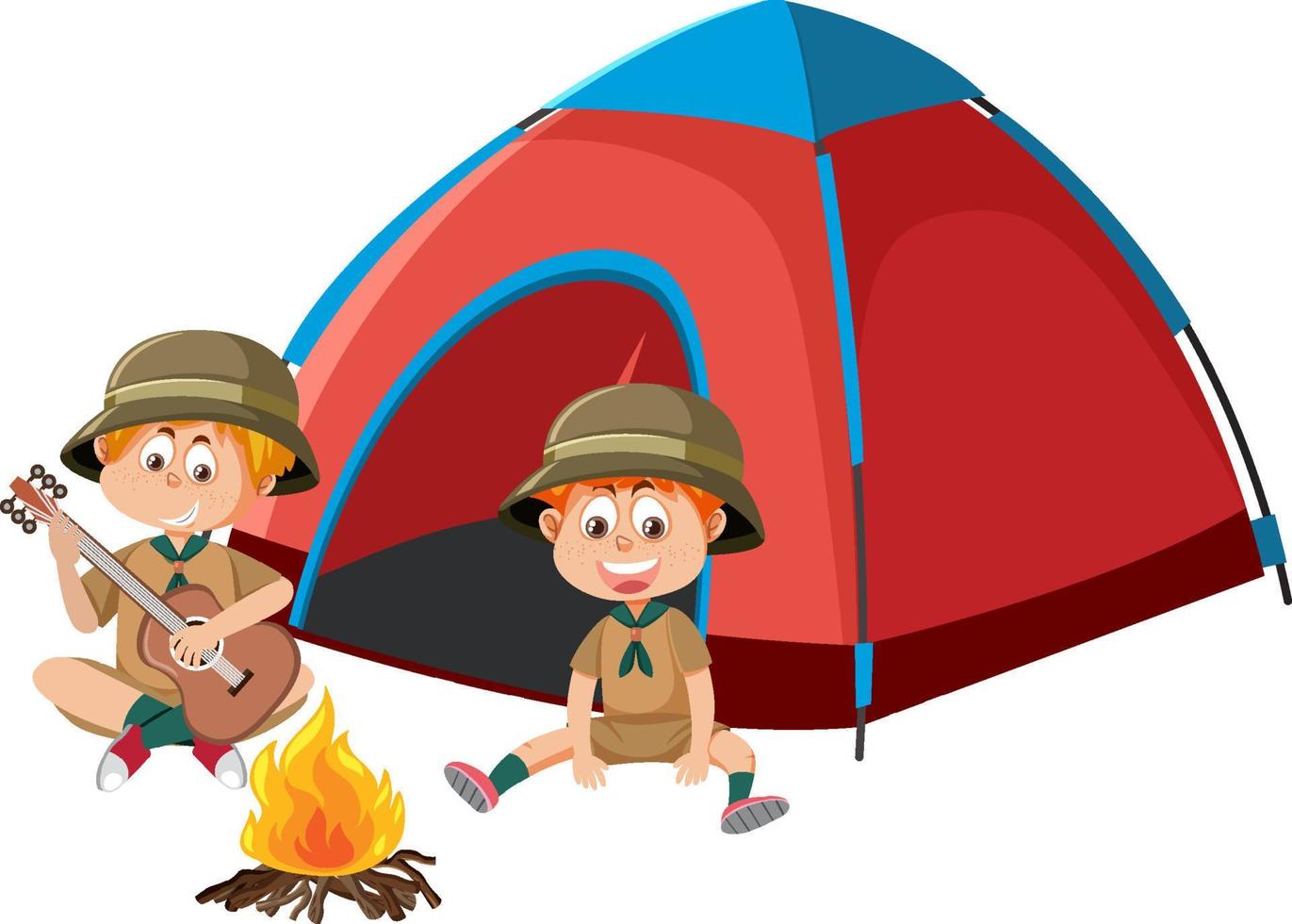 Boy scout in uniform playing guitar the camping tent vector