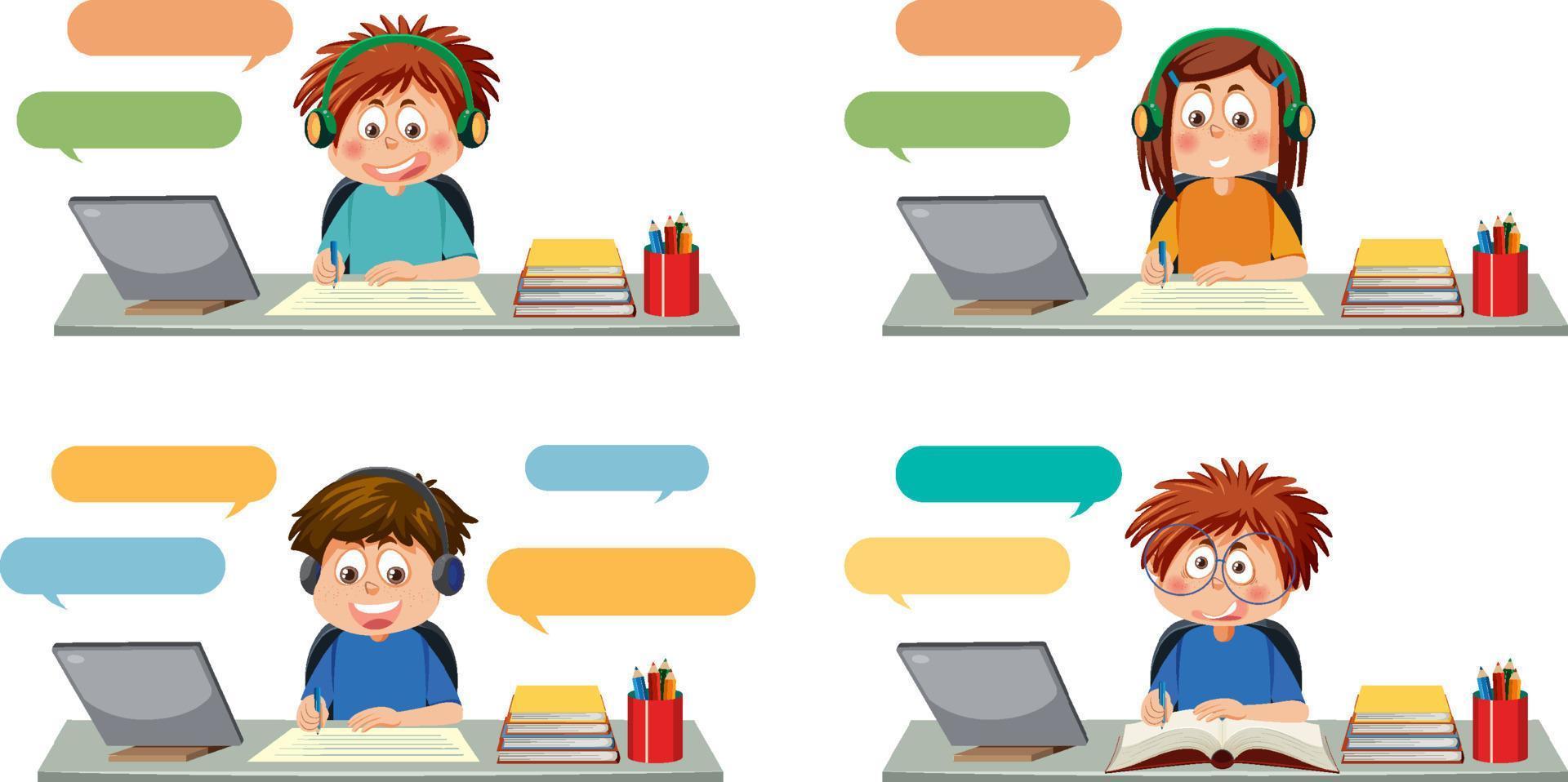 Set of different kids studying on laptop vector