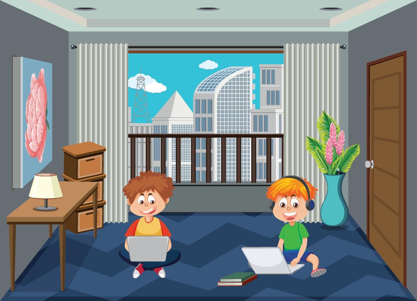 Kids learning online at home vector