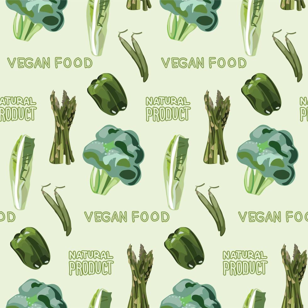 Organic food seamless pattern. Vector  vegetables on a green background. Vegan food.