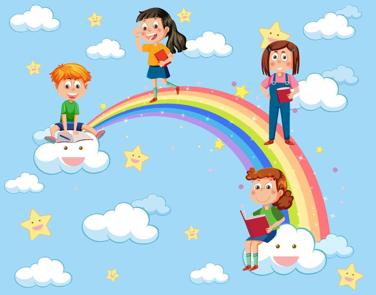 Happy kids in in the sky with rainbow vector