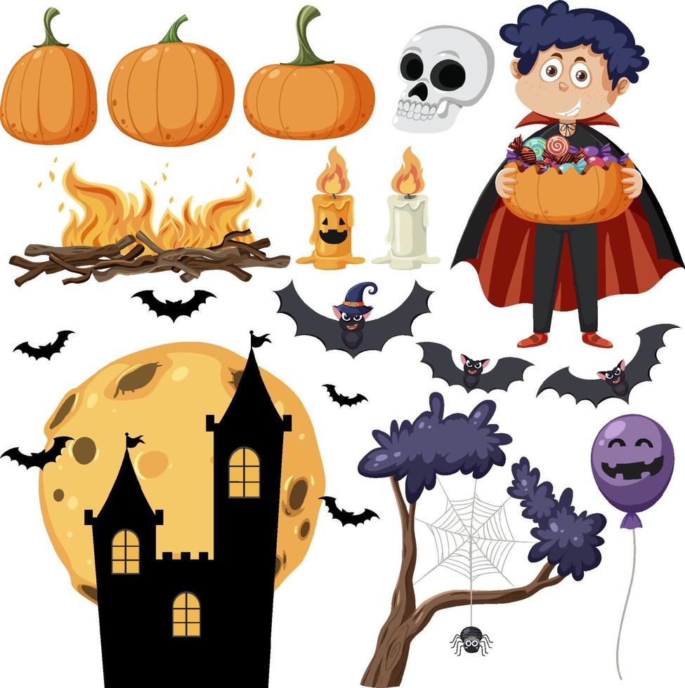 conjunto de elementos y personajes de dibujos animados de halloween vector
