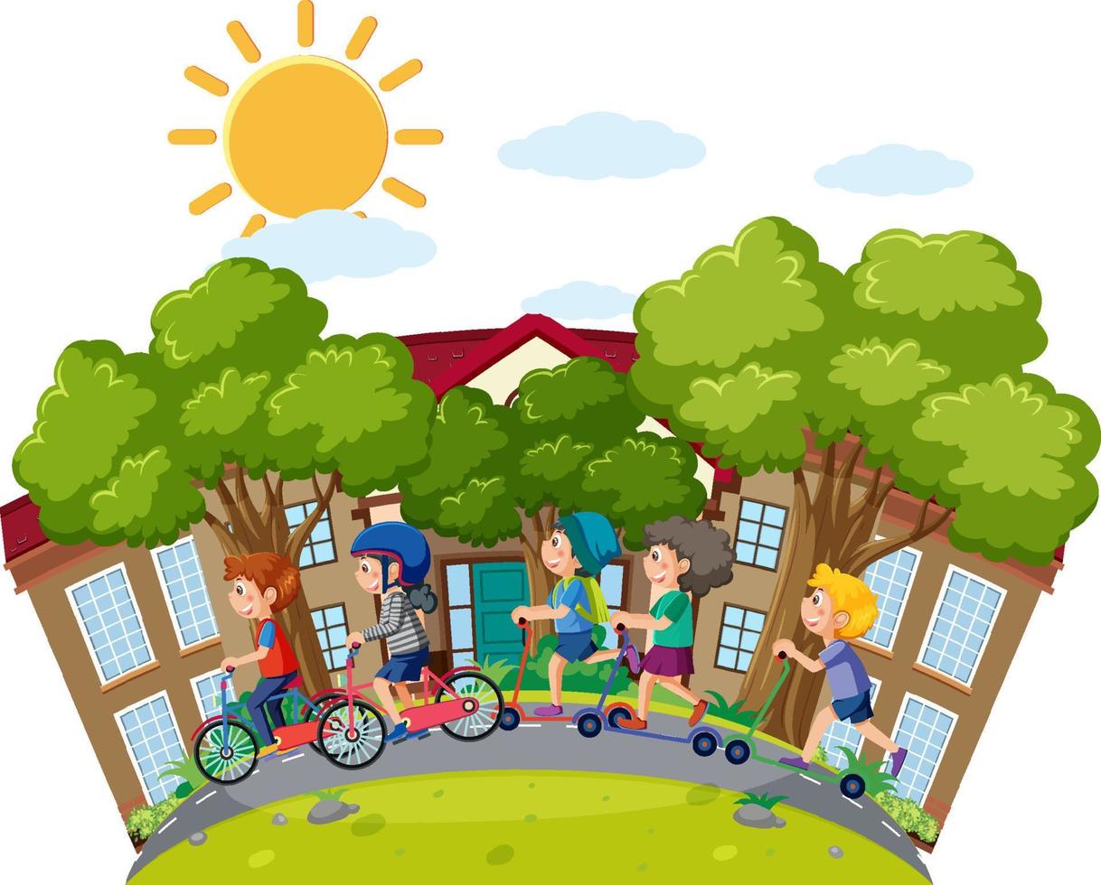 Children on scooters and bicycles vector